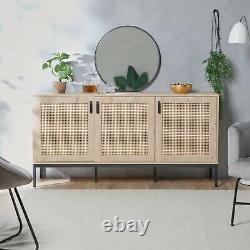 Rattan Sideboard Cabinet Storage Large Wide 3 Door Light Wood Effect VonHaus