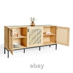 Rattan Sideboard Cabinet Storage Large Wide 3 Door Light Wood Effect VonHaus