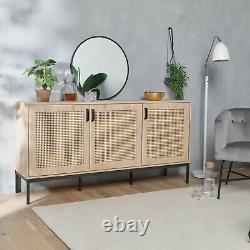 Rattan Sideboard Cabinet Storage Large Wide 3 Door Light Wood Effect VonHaus