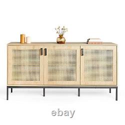 Rattan Sideboard Cabinet Storage Large Wide 3 Door Light Wood Effect VonHaus