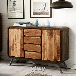 Retro Solid Acacia Wood & Metal Legs 4 Drawers and 2 Side Doors Large Sideboard