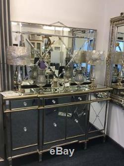 Ritz Mirrored Glass Gold Trim Large Glam Sideboard Dresser Cabinet Drawers Doors