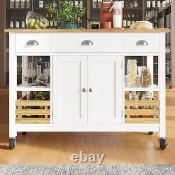 Rolling Kitchen Island Storage Trolley Cabinet with Large Wood Top, 3 Drawers