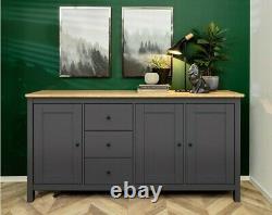 Rustic Large Sideboard 3 Drawers 3 Doors Soft Close Grey and Oak Effect Hesen