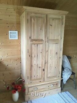 Rustic solid stripped pine double wardrobe with drawer large 2 door wardrobe