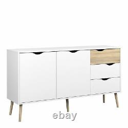 Scandi Large White & Oak Effect Sideboard with 3 Drawers 2 Doors and Shelves