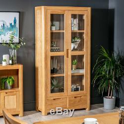 Scandi Oak Glazed 2 Door 2 Drawer Tall Display Cabinet Unit Large Wide SC21