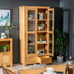 Scandi Oak Glazed 2 Door 2 Drawer Tall Display Cabinet Unit Large Wide SC21