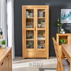 Scandi Oak Glazed 2 Door 2 Drawer Tall Display Cabinet Unit Large Wide SC21