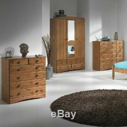 Scandi Pine Bedroom Furniture Large Wide 3 Door 5 Drawer Wardrobe Centre Mirror