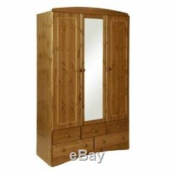Scandi Waxed Pine Bedroom Furniture Large Wide 3 Door 5 Drawer Wardrobe Mirror