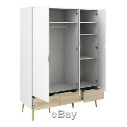 Scandinavian Triple Wardrobe Large 3 Door 3 Drawer Robe Hanging Storage Cabinet