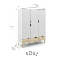 Scandinavian Triple Wardrobe Large 3 Door 3 Drawer Robe Hanging Storage Cabinet