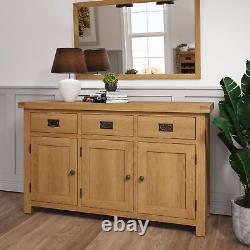 Sideboard Large 3 Doors Solid Oak Cabinet Storage With 3 Drawers in Rustic Oak