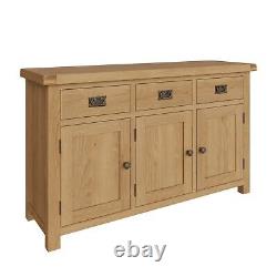 Sideboard Large 3 Doors Solid Oak Cabinet Storage With 3 Drawers in Rustic Oak