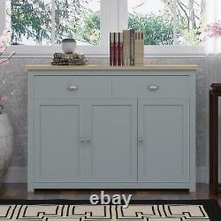 Sideboard with 3 doors & 2 drawers in Matt Grey Finish and Oak effect top panel