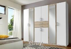 SlumberHaus'Diver' Large 270cm White, Oak and Mirror Wardrobe with Drawers