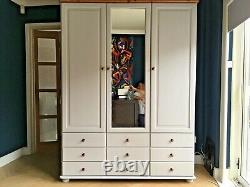 Solid Pine Grey Painted Large Triple Door, Nine Drawer Wardrobe with Mirror