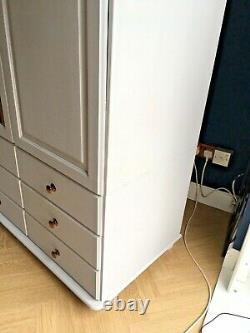 Solid Pine Grey Painted Large Triple Door, Nine Drawer Wardrobe with Mirror