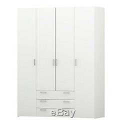 Space Large Wide Modern Wardrobe Storage Unit 4 Doors 3 Drawers in White
