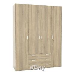 Space Oak Effect 4 Door 3 Drawer Large Wardrobe / Bedroom Wide Combi Robe