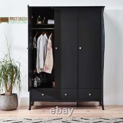 Steens Baroque French Style Wide 3 Door 2 Drawer Large Wardrobe In Black