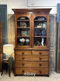 Stunning Large Victorian Mahogany Glazed Bookcase Over Chest With key Delivery