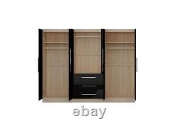 Stylish Modern 6 Door Mirrored LARGE Wardrobe, High Gloss BLACK, 3 Drawers