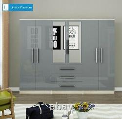 Stylish Modern 6 Door Mirrored LARGE Wardrobe, High Gloss LIGHT GREY, 3 Drawers