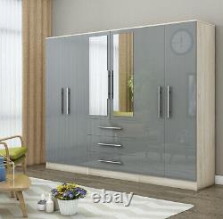 Stylish Modern 6 Door Mirrored LARGE Wardrobe, High Gloss LIGHT GREY, 3 Drawers