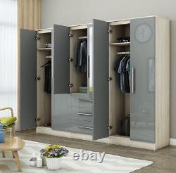 Stylish Modern 6 Door Mirrored LARGE Wardrobe, High Gloss LIGHT GREY, 3 Drawers