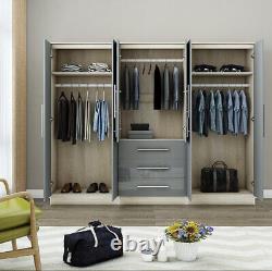 Stylish Modern 6 Door Mirrored LARGE Wardrobe, High Gloss LIGHT GREY, 3 Drawers