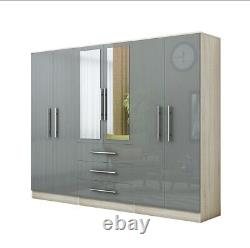 Stylish Modern 6 Door Mirrored LARGE Wardrobe, High Gloss LIGHT GREY, 3 Drawers