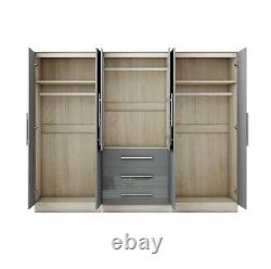 Stylish Modern 6 Door Mirrored LARGE Wardrobe, High Gloss LIGHT GREY, 3 Drawers