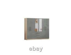 Stylish Modern 6 Door Mirrored LARGE Wardrobe, High Gloss LIGHT GREY, 3 Drawers