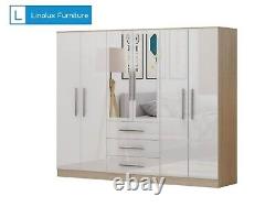 Stylish Modern 6 Door Mirrored LARGE Wardrobe, High Gloss WHITE, 3 Drawers