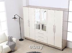 Stylish Modern 6 Door Mirrored LARGE Wardrobe, High Gloss WHITE, 3 Drawers