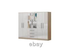 Stylish Modern 6 Door Mirrored LARGE Wardrobe, High Gloss WHITE, 3 Drawers