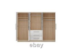 Stylish Modern 6 Door Mirrored LARGE Wardrobe, High Gloss WHITE, 3 Drawers