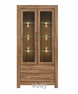 Tall Glass Large Display Cabinet Oak effect LED Lights Soft Close Drawers Gent