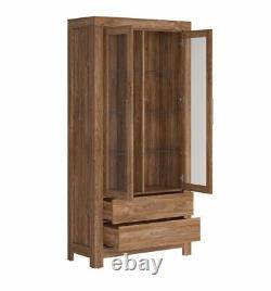 Tall Glass Large Display Cabinet Oak effect LED Lights Soft Close Drawers Gent