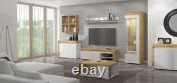 Theo Oak and White Gloss 2 Door 4 Drawer Large Modern Sideboard Unit With Light