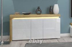 Theo Oak and White Gloss 3 Door Large Modern Sideboard Unit With Lights