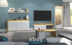 Theo Oak and White Gloss 3 Door Large Modern Sideboard Unit With Lights