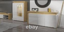 Theo Oak and White Gloss 3 Door Large Modern Sideboard Unit With Lights