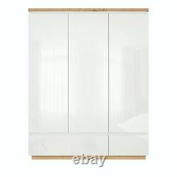 Triple Storage Wardrobe Large 163cm 3 Door 2 Drawer White Gloss Oak Effect Erla