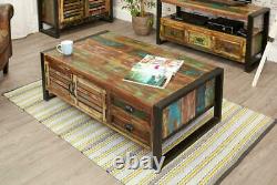 Urban Chic Unique Reclaimed Wood Metal Frame 4 Door 4 Drawer Large Coffee Table
