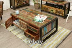 Urban Chic Unique Reclaimed Wood Metal Frame 4 Door 4 Drawer Large Coffee Table