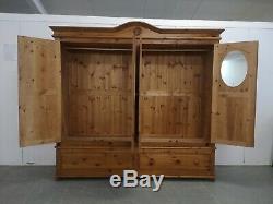 Very Large 4 Door Solid Pine Wardrobe Carved Top With Drawers FREE DELIVERY