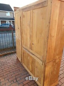 Victorian pine large 3 door wardrobe linen built in chest of drawers cupboard